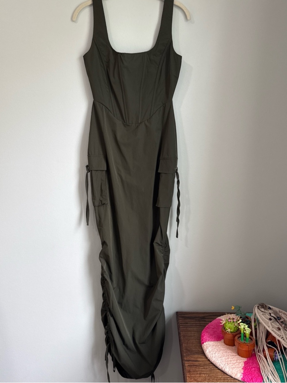 Fashion Nova Olive Green Maxi Dress with Side Cargo Pockets